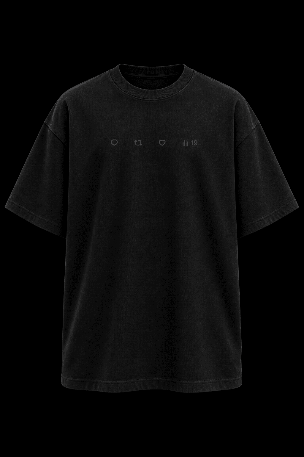 Black oversized tee with the X post bar (reply, repost, like, 19 views) printed in grey on the chest